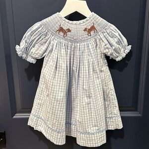 Smockingbird Blue and White Gingham Dress  with Embroidered Dogs 18M